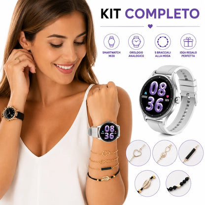 Beauty Miss Smartwatch AMOLED con Chiamate Bluetooth + Orologio – Kit Regalo Completo con 2 Cinturini e Set Bracciali, Fitness Tracker Android iOS