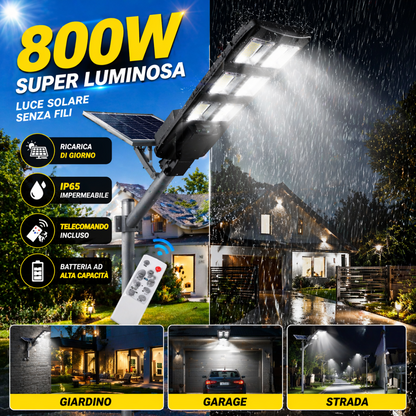 Lampione Solare LED 800W con Telecomando | Faro Esterno IP65 Impermeabile | Pannello Solare + Staffa Inclusa | Luce Automatica Giardino Strada Garage