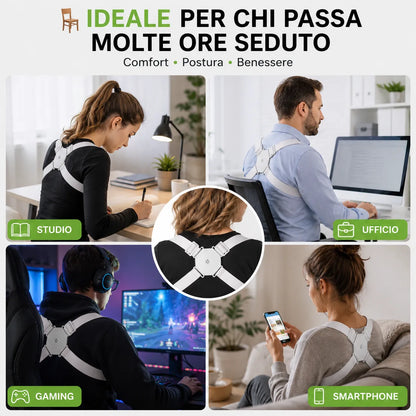 Correttore Posturale Intelligente con Sensore a Vibrazione – Supporto Schiena, Collo e Spalle Regolabile USB