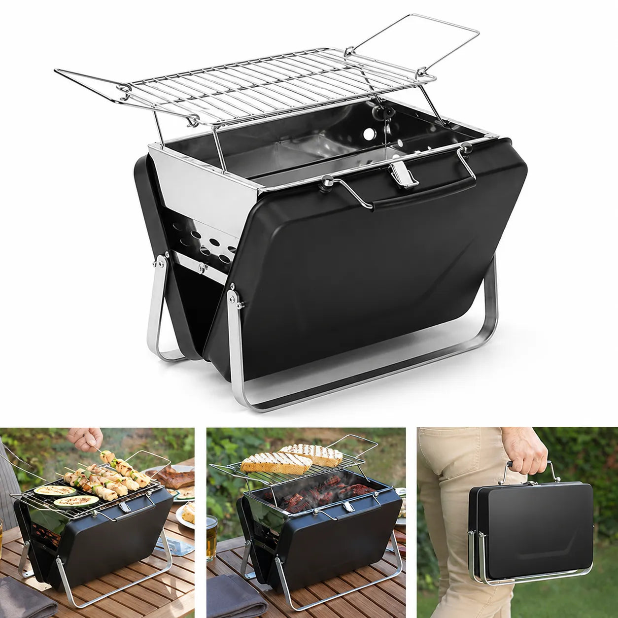 Barbecue Portatile Pieghevole a Valigetta in Acciaio Inox – Mini Griglia Compatta da Campeggio, Picnic, Giardino e Spiaggia con Griglia Ribaltabile e Scomparto Carbone Estensibile