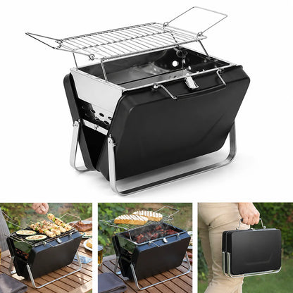 Barbecue Portatile Pieghevole a Valigetta in Acciaio Inox – Mini Griglia Compatta da Campeggio, Picnic, Giardino e Spiaggia con Griglia Ribaltabile e Scomparto Carbone Estensibile