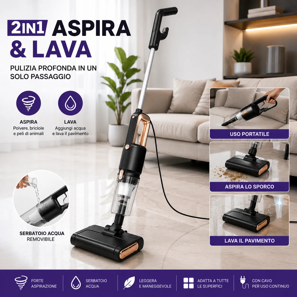 Scopa Elettrica Aspirapolvere con Filo Aspira e Lava 2 in 1 Portatile Mop con Serbatoio Acqua