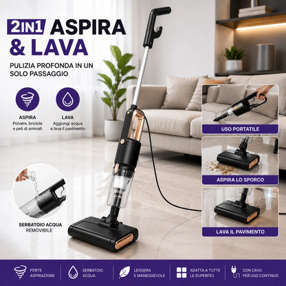 Scopa Elettrica Aspirapolvere con Filo Aspira e Lava 2 in 1 Portatile Mop con Serbatoio Acqua