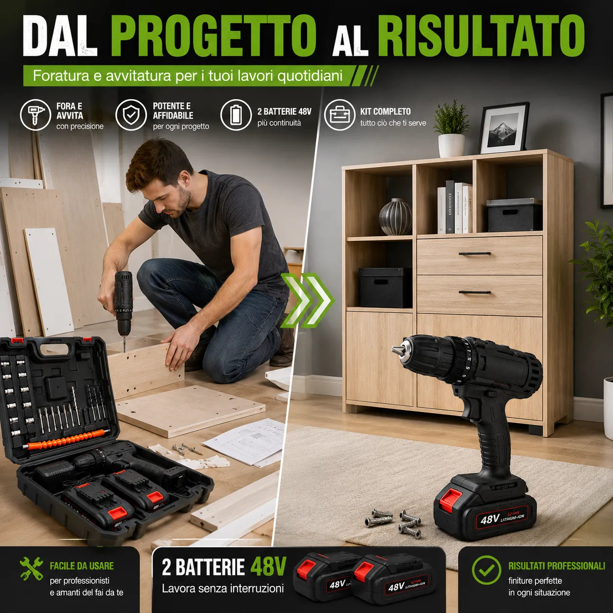 Trapano Avvitatore a Batteria 48V con Percussione – Kit Completo con 2 Batterie e Valigetta