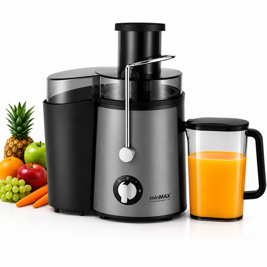 Estrattore di Succo Elettrico 1000W con 2 Velocità, Centrifuga Frutta e Verdura, Bocca Larga 65 mm, Caraffa 500 ml, Acciaio Inox, Rosso/Grigio