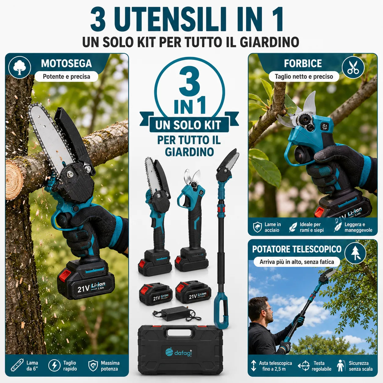 Kit Potatura a Batteria 3 in 1 con Asta Telescopica – Forbice Elettrica + Mini Motosega 6" + 2 Batterie e accessori