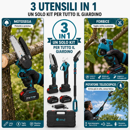 Kit Potatura a Batteria 3 in 1 con Asta Telescopica – Forbice Elettrica + Mini Motosega 6" + 2 Batterie e accessori