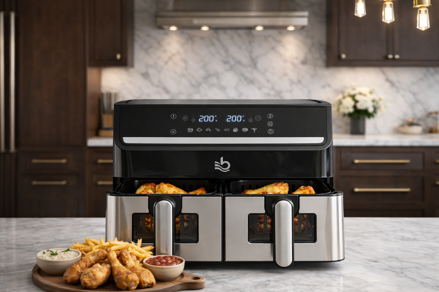 Friggitrice ad Aria 2000W Doppio Cestello 15L (7,5L + 7,5L) – Air Fryer XXXL a Doppia Zona con Controllo Indipendente