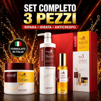 Karseell Maca Care System Set Riparazione Capelli – Maschera Collagene 500ml + Shampoo 500ml + Olio Argan 50ml – Trattamento Idratante Professionale Anticrespo Effetto Lucido per Capelli Secchi e Danneggiati