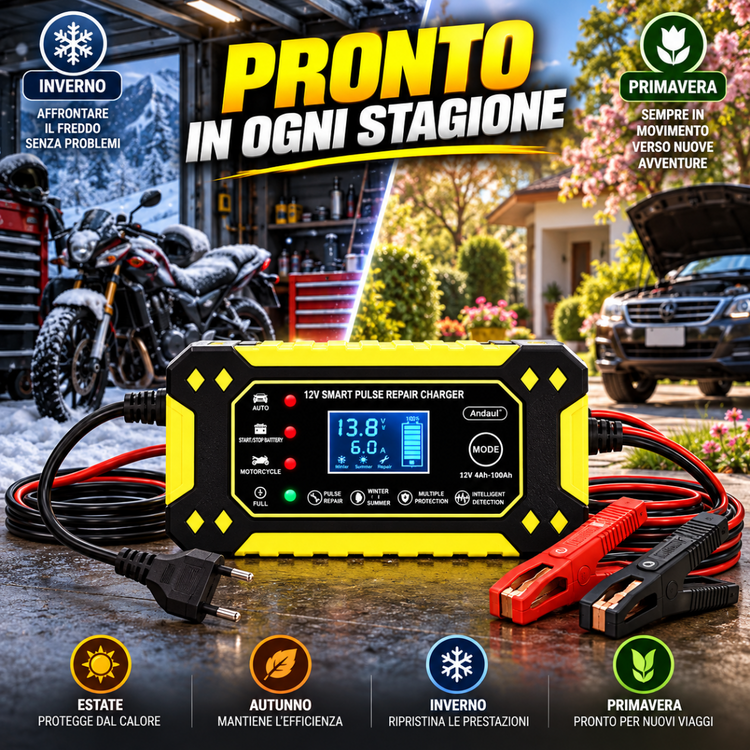 Caricabatterie Intelligente Auto e Moto 12V 6A con Display LCD, Riparazione a Impulsi, Protezione Automatica e Morsetti – Modello Q-DP1520