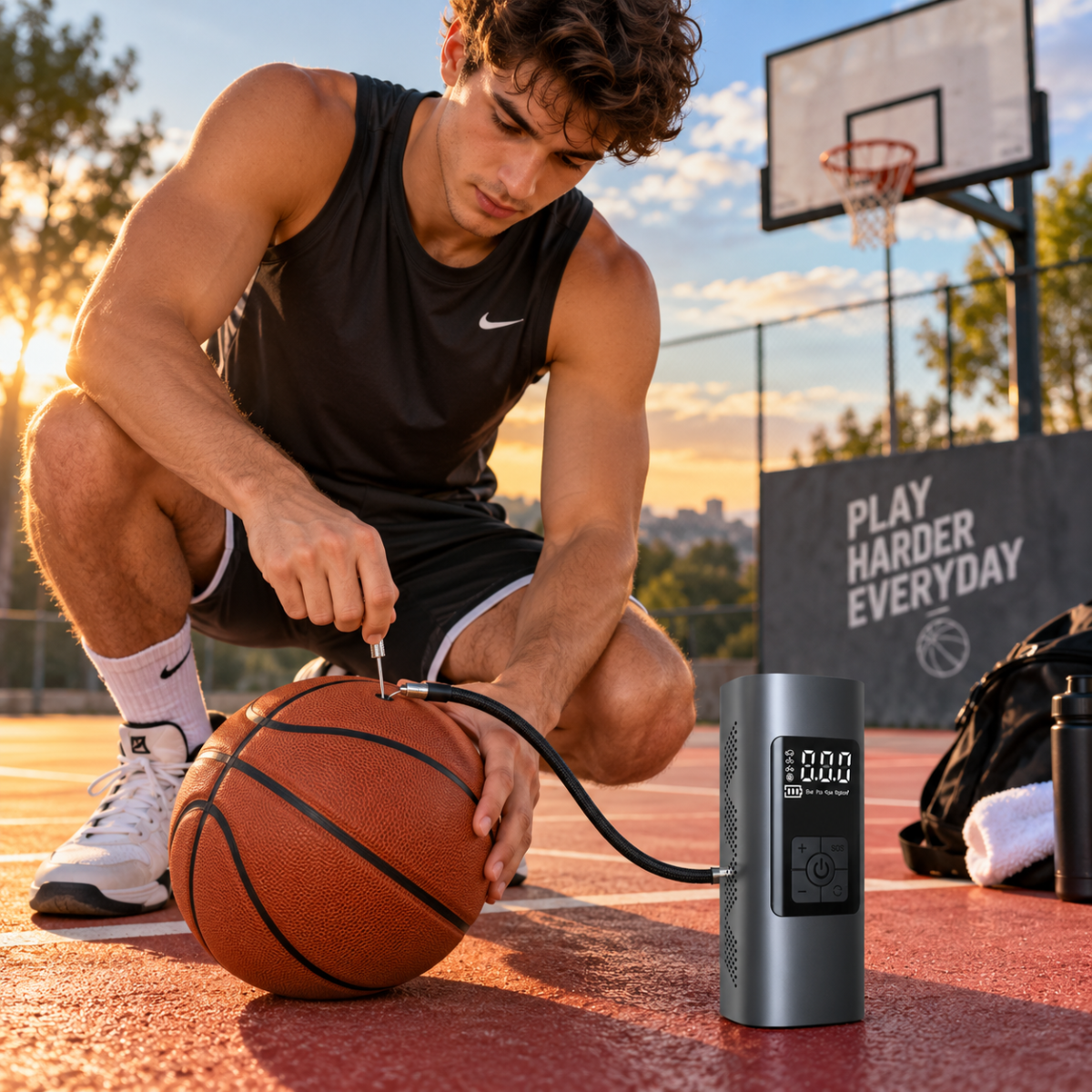 Mini Compressore Aria Portatile Elettrico Digitale con Display LCD, Gonfiatore per Pneumatici Auto, Moto, Bici e Palloni – Pompa con Batteria Ricaricabile, Funzione SOS e Accessori Inclusi