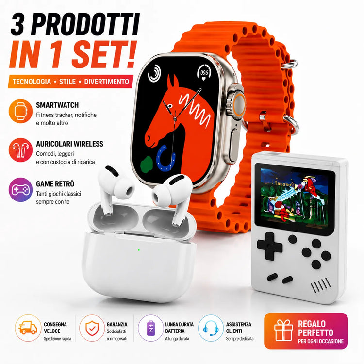 Kit 3 in 1 Smartwatch M5 Ultra + Auricolari Wireless TWS + Mini Console di Gioco Portatile