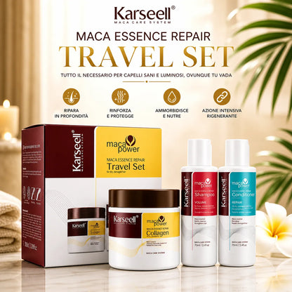 Karseell Maca Essence Repair Travel Set – Kit Capelli da Viaggio con Shampoo, Balsamo e Maschera al Collagene – Trattamento Nutriente per Capelli Secchi e Danneggiati