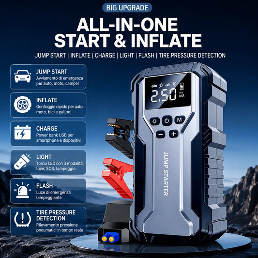 Avviatore di Emergenza Auto 12000mAh con Compressore Gonfiatore Pneumatici, Jump Starter Multifunzione, Power Bank Type-C, Display Digitale e Torcia LED SOS