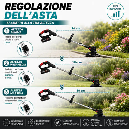 Decespugliatore a Batteria 48V con 2 Batterie – Motore 800W, Fino a 20.000 giri/min, Asta Telescopica Regolabile