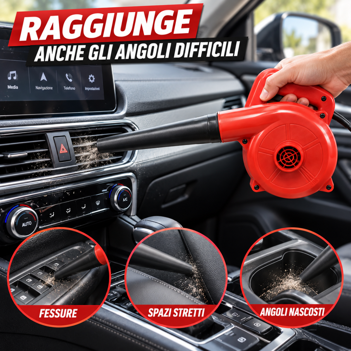 Soffiatore Aspiratore Elettrico Portatile 2 in 1 Rosso con Tubo Lungo – Pulizia PC, Tastiere, Polvere, Auto e Officina