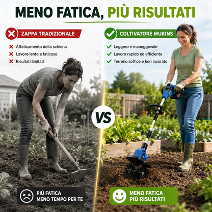 Motozappa Coltivatore Elettrico a Batteria 88VF Mukins NL-3576 550W con Asta Telescopica Regolabile, Pieghevole, Display Batteria | Coltivatore per Orto, Giardino, Aiuole e Serra | Larghezza 30 cm