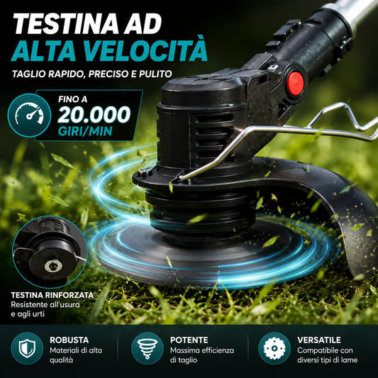 Decespugliatore a Batteria 48V con 2 Batterie – Motore 800W, Fino a 20.000 giri/min, Asta Telescopica Regolabile