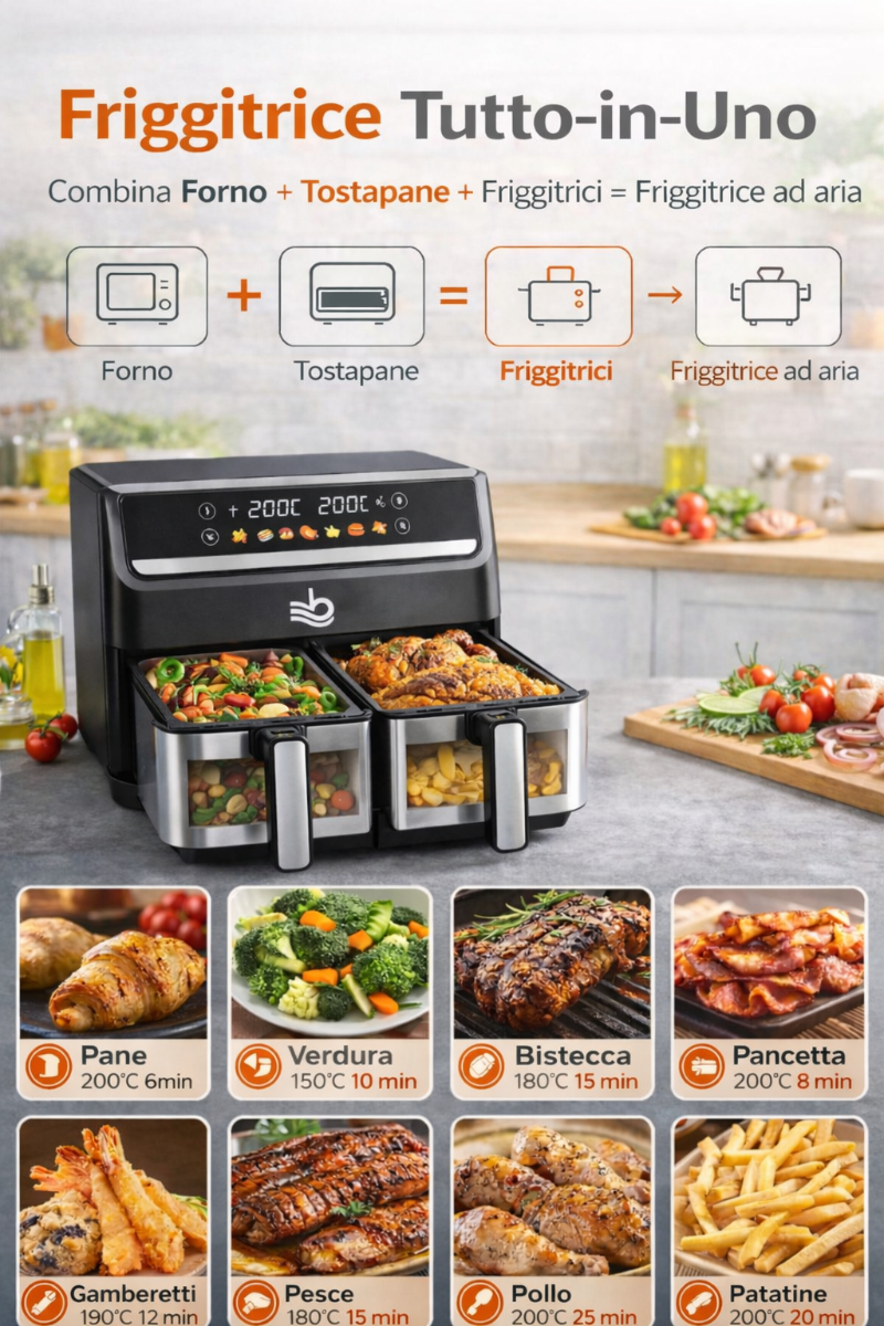 Friggitrice ad Aria 2000W Doppio Cestello 15L (7,5L + 7,5L) – Air Fryer XXXL a Doppia Zona con Controllo Indipendente