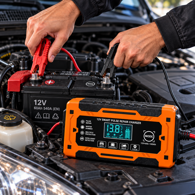 Caricabatterie Intelligente per Auto e Moto 12V 6A con Display Digitale LCD, Riparatore e Mantenitore di Carica per Batterie – Modello Q-DP350