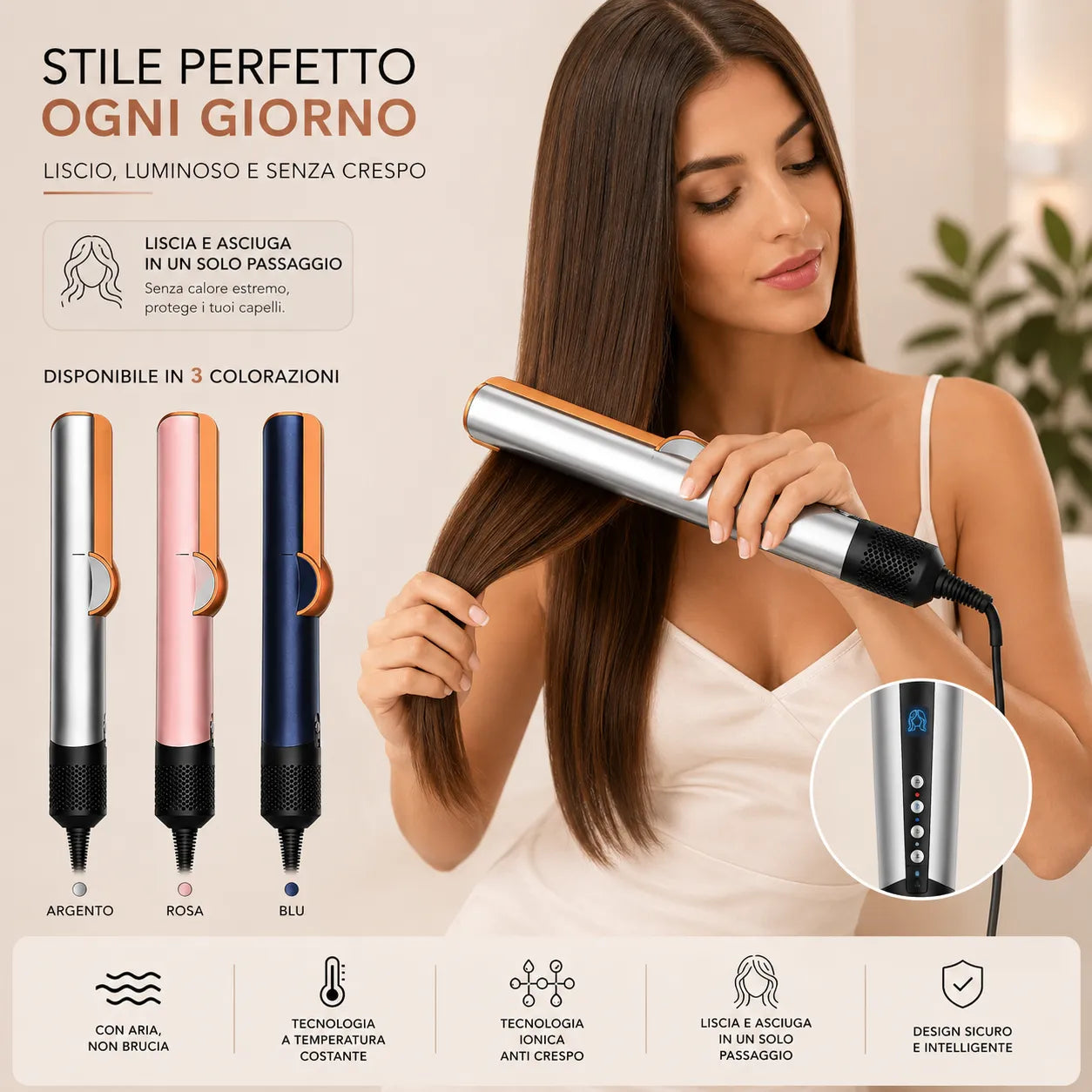 Silk One Piastra Asciuga e Liscia Capelli 2 in 1 ad Aria – Asciugacapelli e Piastra Lisciante – Capelli Asciutti e Lisci in un Solo Passaggio – Controllo Intelligente della Temperatura