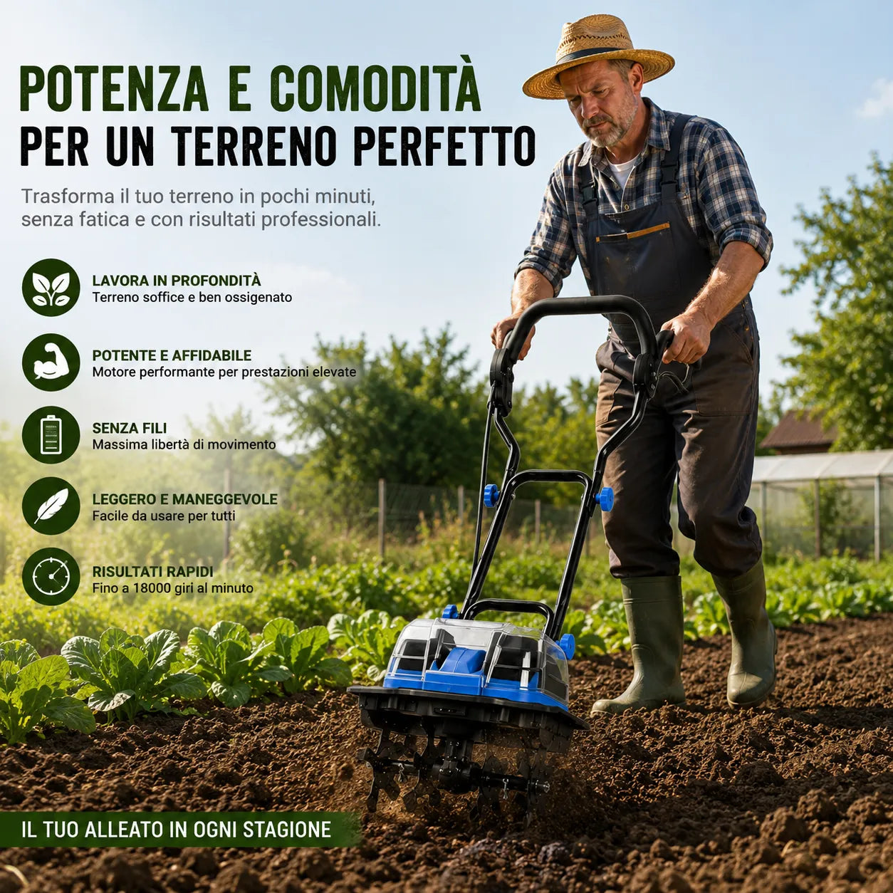 Motozappa Elettrica a Batteria Mukins NL-3579 88VF 550W con 2 Batterie al Litio, Coltivatore da Giardino Cordless, Larghezza Lavoro 30 cm, Profondità 20 cm, Manubrio Regolabile, 18000 giri/min