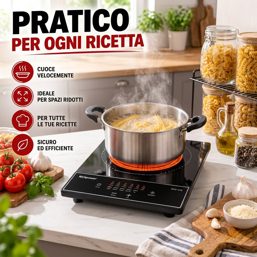 Piastra Elettrica a Infrarossi 2000W Richpower RPIF-578, Fornello Portatile in Vetroceramica con Comandi Touch, Funzioni di Cottura, Protezione dal Surriscaldamento e Spegnimento Automatico – Nero