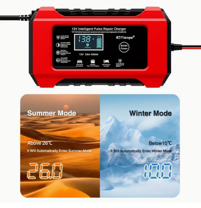 Caricabatterie Auto 12V  Intelligente con Schermo LCD, Multi Protezioni e Funzione Ripristino per Auto, Moto, Barche e Camion