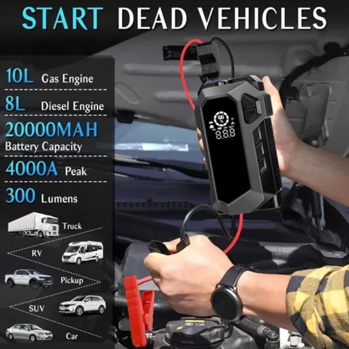 Avviatore di Emergenza con Compressore d'Aria – Starter Batteria 4000A con Inflatore per Pneumatici e Batteria da 20000mAh