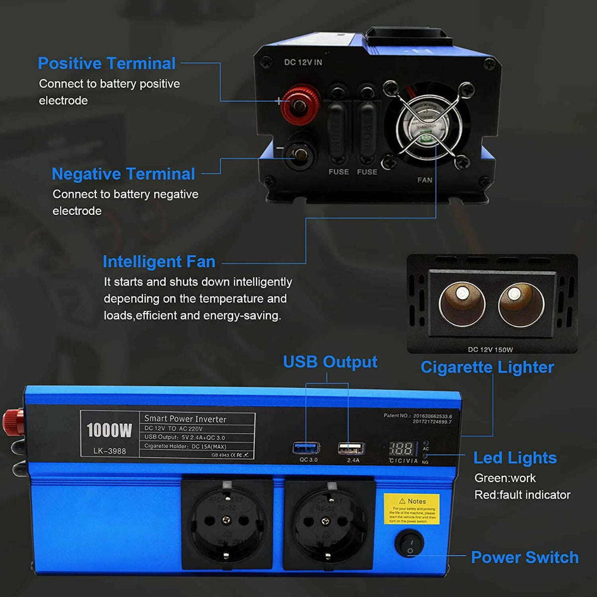 Inverter 1500w 12v 230v trasformatore tensione convertitore potenza camper auto