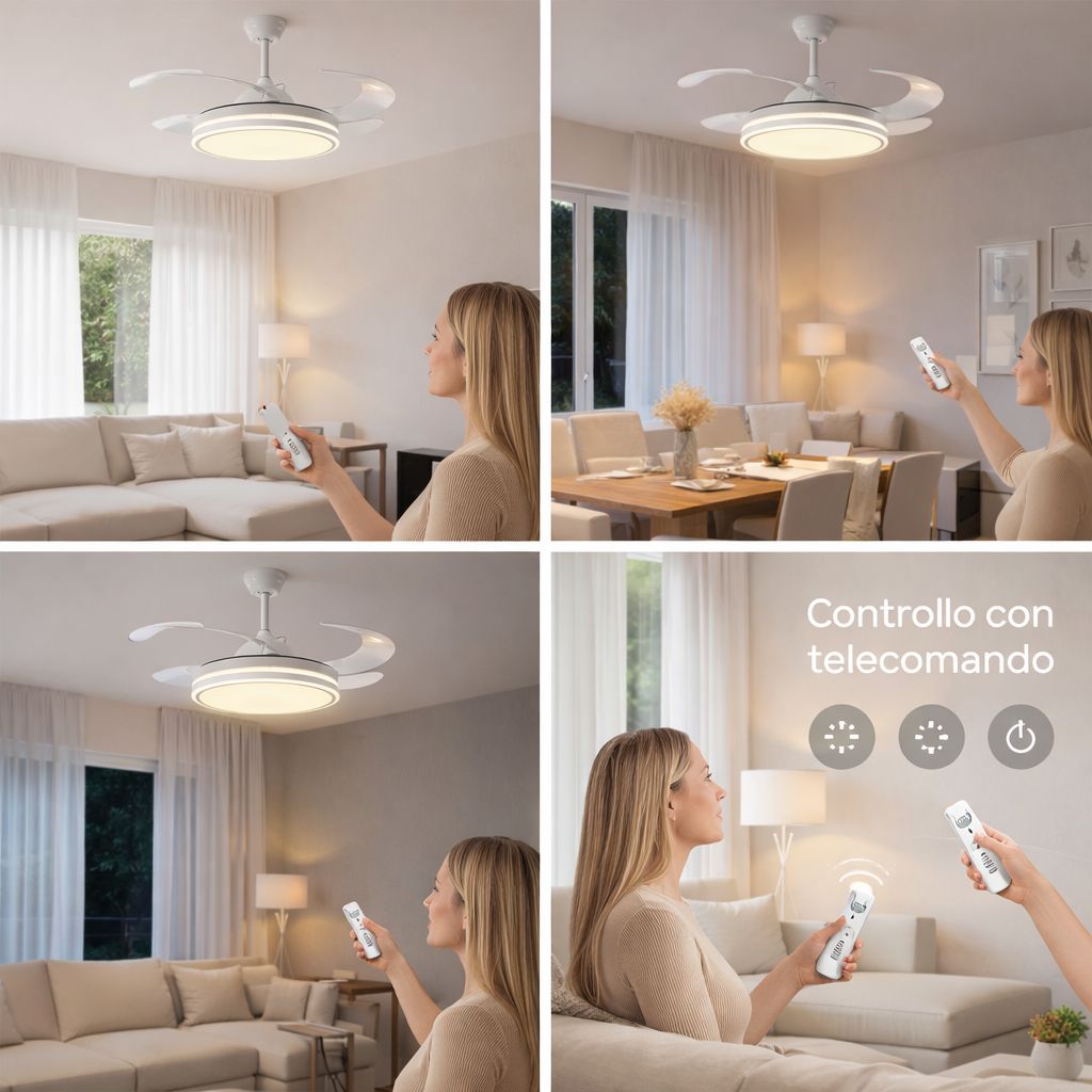 Ventilatore da Soffitto  con Luce LED Dimmerabile e Telecomando – 48" a Pale Retrattili, Silenzioso, Plafoniera Moderna per Interni