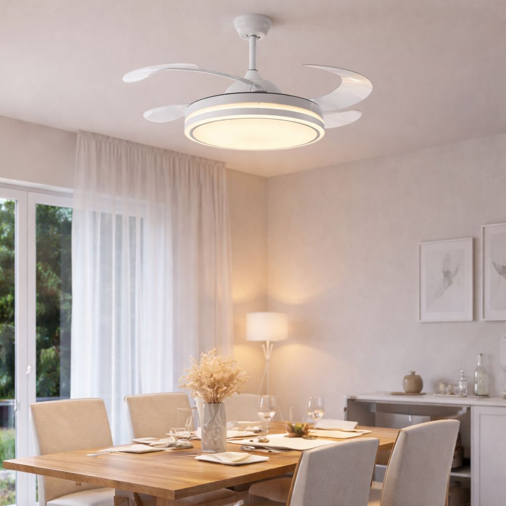 Ventilatore da Soffitto  con Luce LED Dimmerabile e Telecomando – 48" a Pale Retrattili, Silenzioso, Plafoniera Moderna per Interni