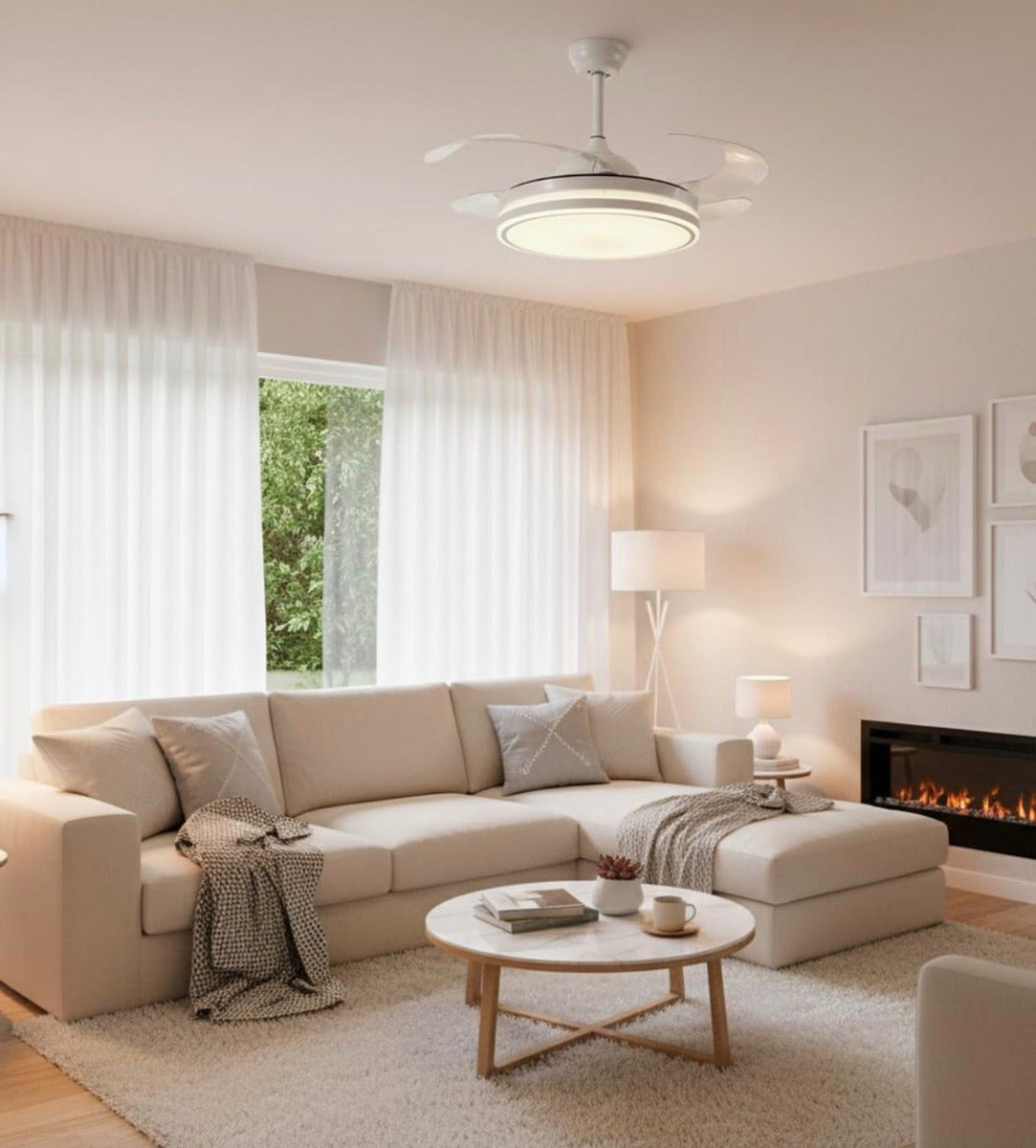 Ventilatore da Soffitto  con Luce LED Dimmerabile e Telecomando – 48" a Pale Retrattili, Silenzioso, Plafoniera Moderna per Interni