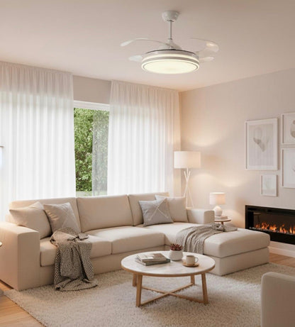 Ventilatore da Soffitto  con Luce LED Dimmerabile e Telecomando – 48" a Pale Retrattili, Silenzioso, Plafoniera Moderna per Interni