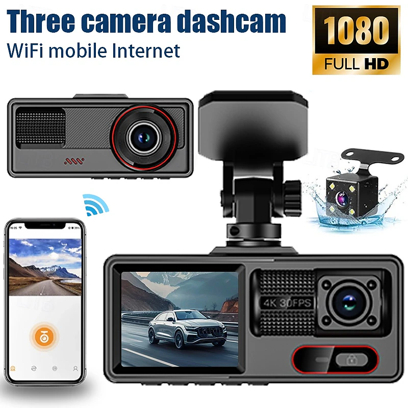 Dash Cam per Auto a 3 Canali con Visione Notturna – Registrazione Full HD 1080P, Monitoraggio Parcheggio 24H, Camera Anteriore/Interna/Posteriore