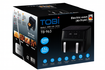 Friggitrice Tobi ad Aria Dual Zone 15L – Doppio Cestello Indipendenti | 2400W, Touch LED, 8 Programmi Black Limited Edition