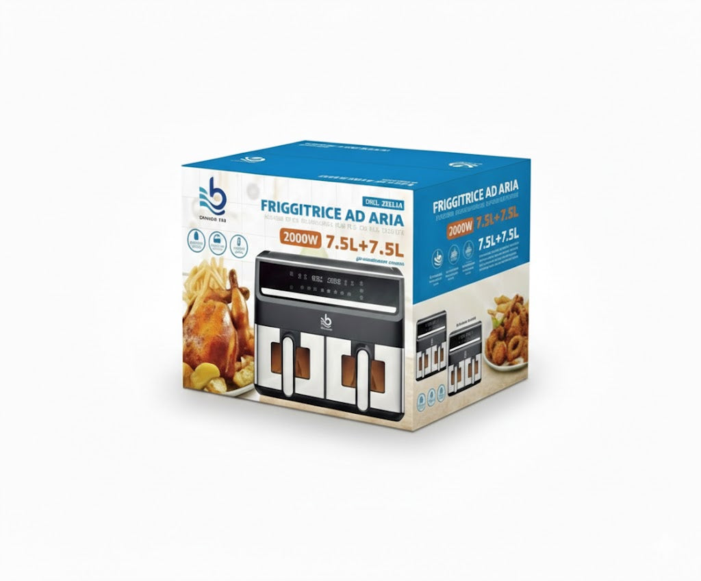 Friggitrice ad Aria 2000W Doppio Cestello 15L (7,5L + 7,5L) – Air Fryer XXXL a Doppia Zona con Controllo Indipendente