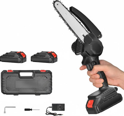 Mini Motosega Elettrica a Batteria 48V – Barra 6 Pollici, 2 Batterie al Litio e Catena di Ricambio – Leggera e Professionale per Potatura e Giardinaggio