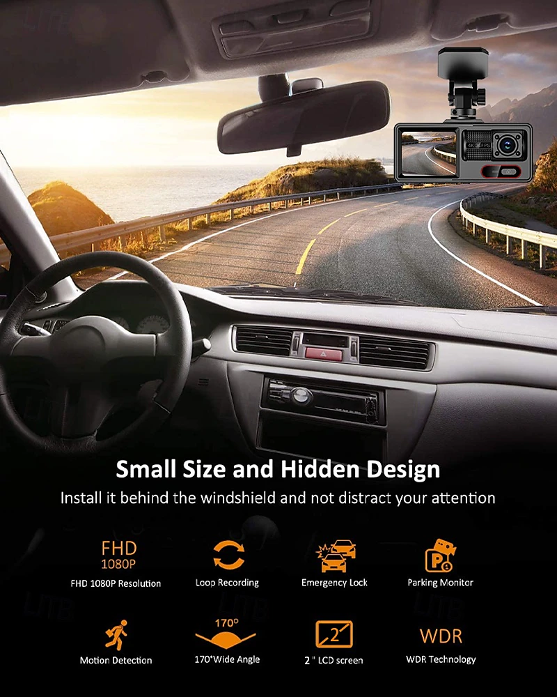 Dash Cam per Auto a 3 Canali con Visione Notturna – Registrazione Full HD 1080P, Monitoraggio Parcheggio 24H, Camera Anteriore/Interna/Posteriore