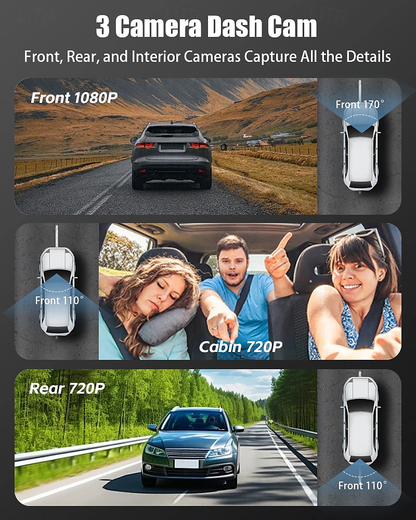 Dash Cam per Auto a 3 Canali con Visione Notturna – Registrazione Full HD 1080P, Monitoraggio Parcheggio 24H, Camera Anteriore/Interna/Posteriore